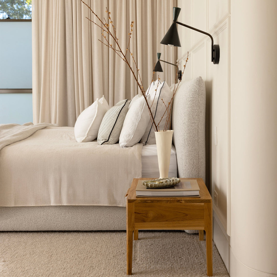 Bonnie bedside in modern mid century bedroom side view by Ocean Luxe
