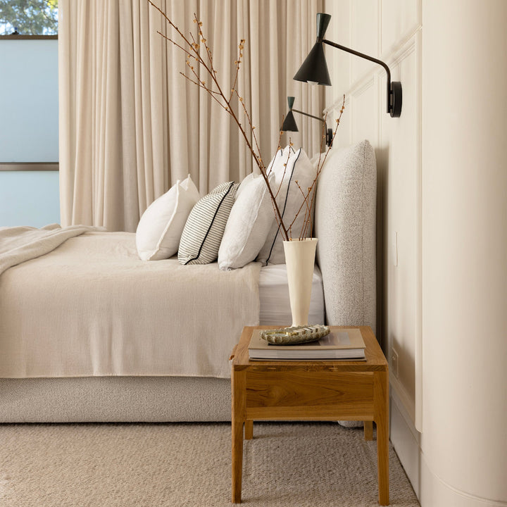 Bonnie bedside in modern mid century bedroom side view by Ocean Luxe
