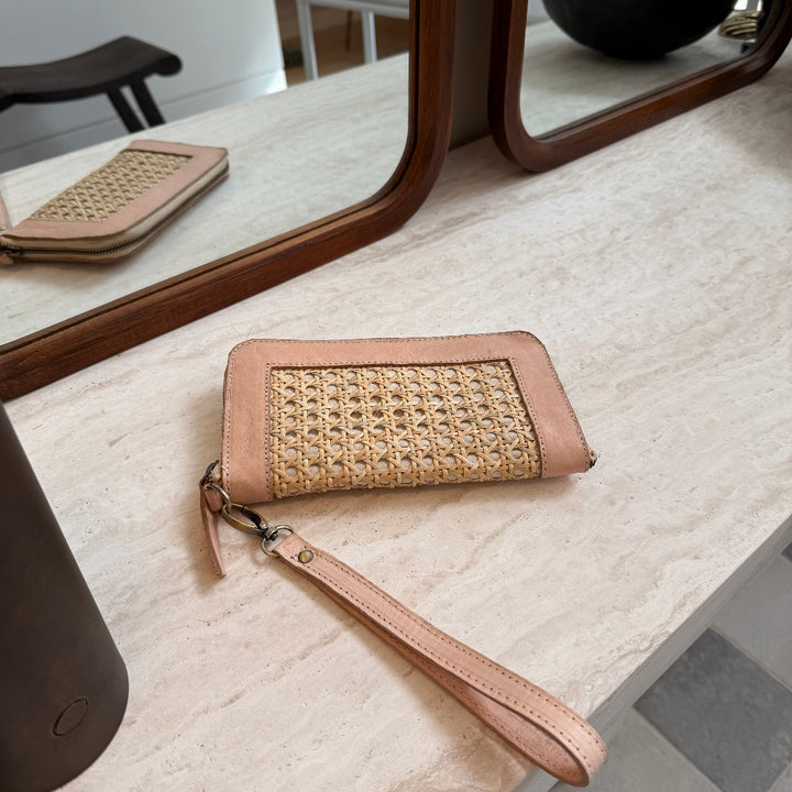 Leather and Rattan Clutch in pink by Ocean Luxe
