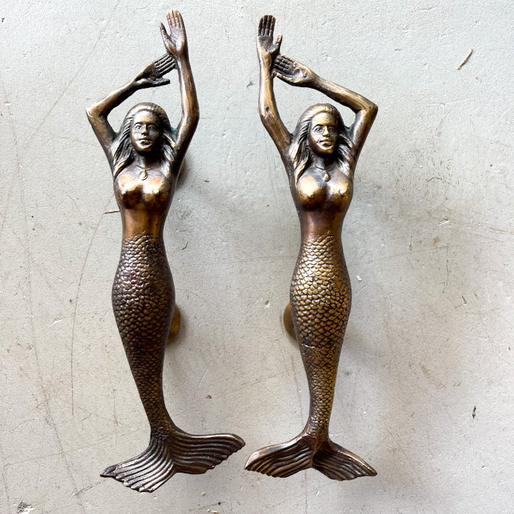 Mermaid Brass Door Handle - Antique